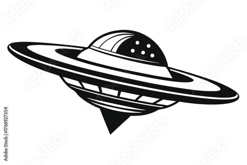 Monochrome spacecraft possesses saucer shape and sharp underside, isolated with a white backdrop