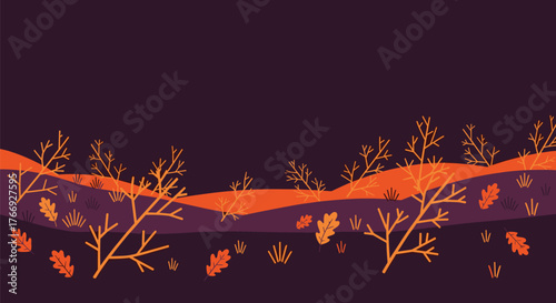 Autumn landscape illustration with silhouettes of barren trees, falling leaves, orange hills, and dark purple sky, evoking a sense of tranquility and seasonal beauty.