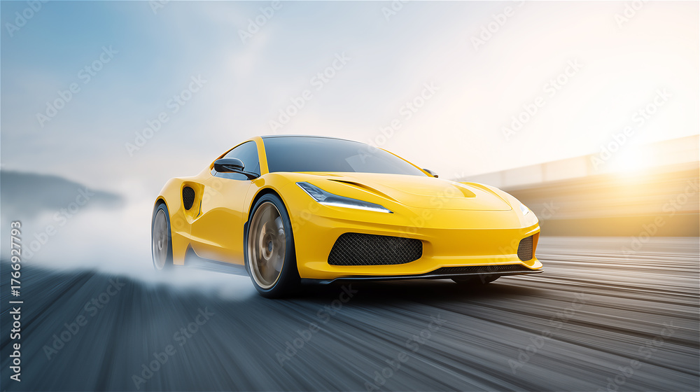 Fototapeta premium Yellow sports car driving fast on road, concept of speed, luxury and modern automotive design.