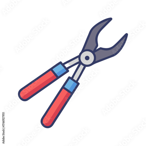 Modern style garden shears with red handles on black background, flat design