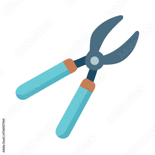 Isolated flat illustration of pruning shears or loppers with blue and tan handles