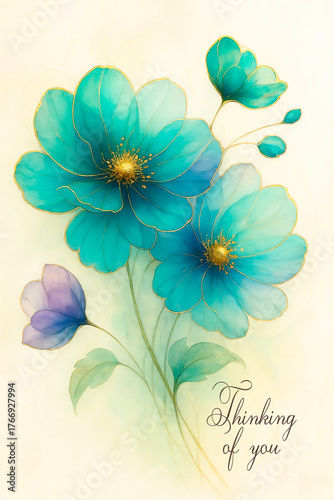  Thinking of you - card. Blue flowers background.watercolor floral background
