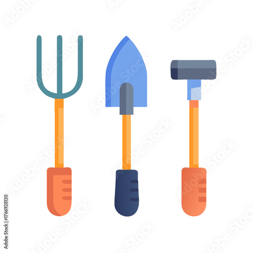 Illustrated garden tools including a fork, shovel, and hammer over a black background.