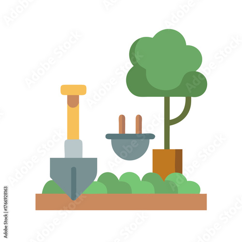 Flat illustration showcasing gardening tools and a young tree planted in soil
