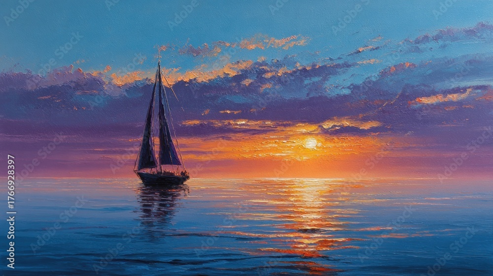 Fototapeta premium Textured Oil Painting: Sailboat on Ocean at Dramatic Sunset with Purple and Orange Sky