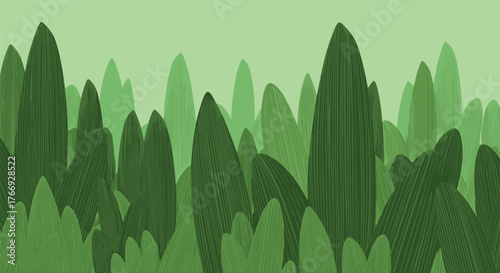 Abstract green nature background featuring overlapping plant shapes with a textured look, evoking a peaceful forest or jungle.