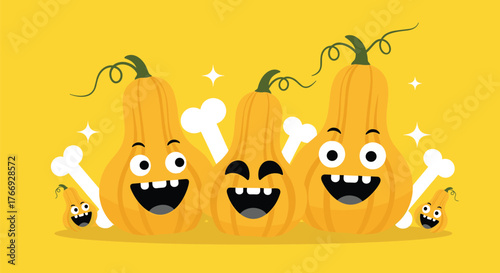 Three cheerful cartoon butternut squash with funny faces and bones on a yellow background.