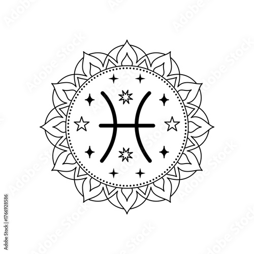 Pisces zodiac sign in  line art  style with mandala frame. Handdrawn celestial symbol illustration.