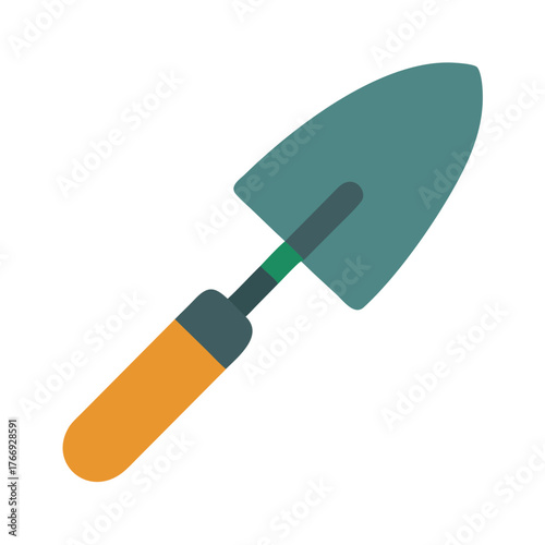 Illustration of a garden trowel with a teal blade and orange handle