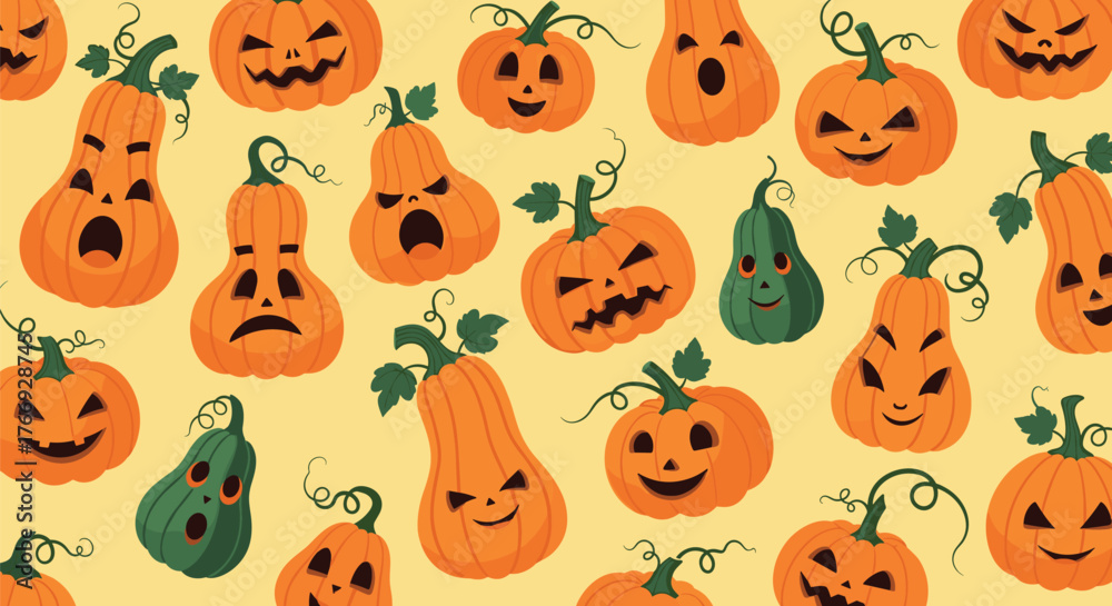 Obraz premium A seamless pattern of various cartoon pumpkins with different carved faces on a yellow background.