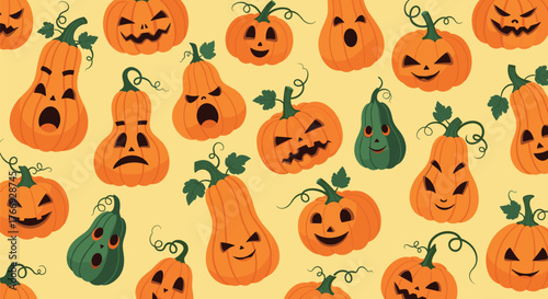 A seamless pattern of various cartoon pumpkins with different carved faces on a yellow background.