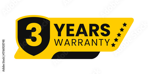Modern 3 years warranty badge vector design in yellow and black with shield. Guarantee label icon logo for product packaging, advertisement, and marketing use