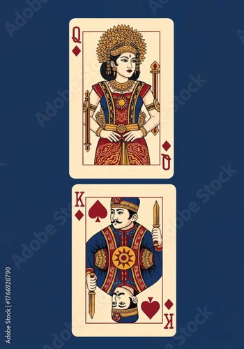 Vintage Illustration of Queen of Diamonds and King of Spades Playing Cards