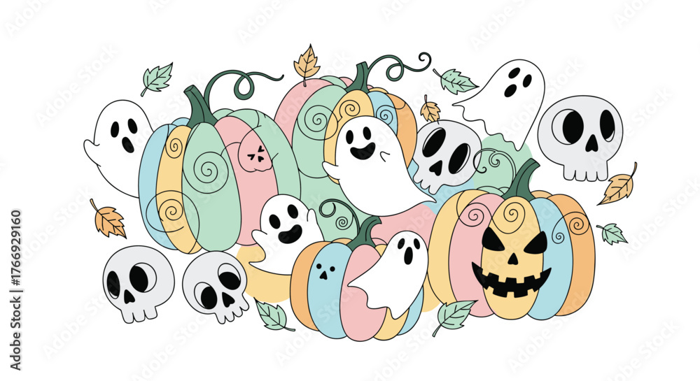 Obraz premium Cute pastel Halloween illustration with pumpkins, ghosts, and skulls surrounded by fall leaves.