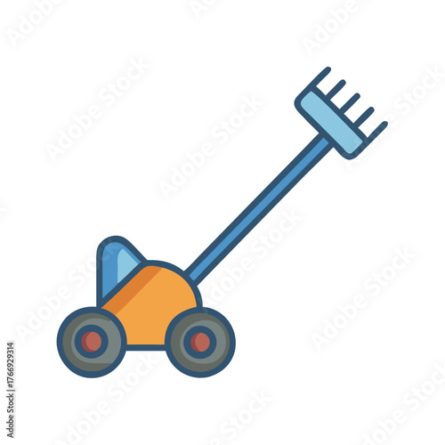 Cartoon styled illustration of a rake machine against a plain black background