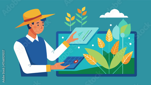 A farmer examining a 3D visualization of predicted harvest yields for different crops allowing for strategic planning and crop rotation.. Vector illustration