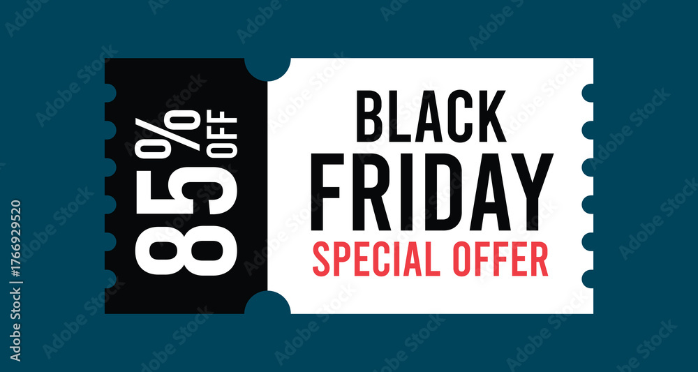 Obraz premium Black Friday Discount Coupon with 85 Percent Off Special Offer Text on Ticket Shape Isolated Flat Style Vector Illustration