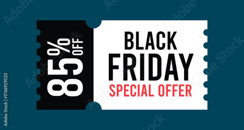 Black Friday Discount Coupon with 85 Percent Off Special Offer Text on Ticket Shape Isolated Flat Style Vector Illustration