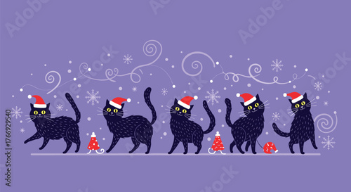 A festive line of black cats wearing Santa hats strolls across a purple background with falling snow.