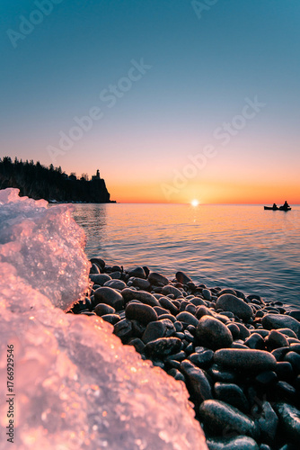 Icy Shoreline and Canoe at Sunrise Near Split Rock Lighthouse