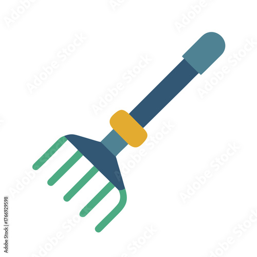 Stylized graphic illustration of a garden hand rake for cultivation on black background