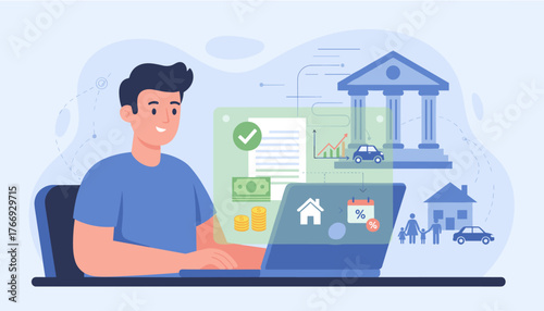 Man using laptop for online banking and loan applications, visualizing financial planning for mortgage, car, and family expenses with bank building and currency symbols, representing secure digital