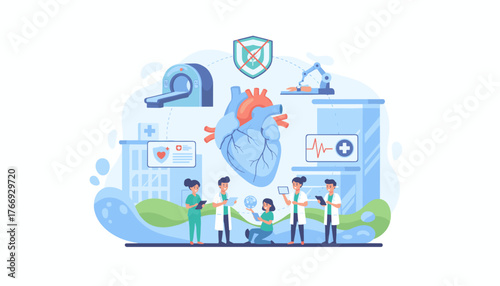 Innovative medical technology and hospital care, featuring a detailed human heart illustration surrounded by advanced diagnostic equipment like MRI scanners, robotic surgery arms, and digital health