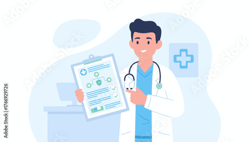 Smiling male doctor in white coat holding a clipboard with medical chart, prescription, or insurance document, pointing to it, with a stethoscope around his neck, against a light blue background with