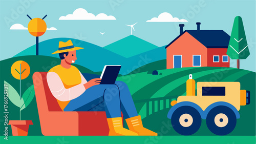 A farmer relaxing in his farmhouse while monitoring the progress of his selfdriving tractor in the fields which is equipped with AI technology to make decisions on optimal seed. Vector illustration