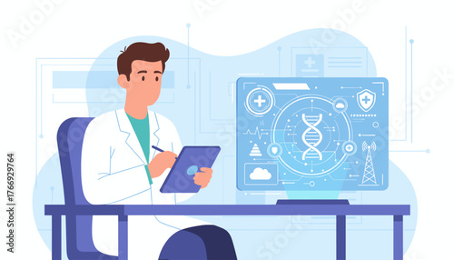 A male doctor in a white lab coat sits at a desk, holding a tablet and pen, analyzing a futuristic holographic display showing a DNA helix, medical symbols, and data streams, representing