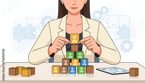 Close-up of a businesswoman's hands carefully stacking wooden blocks, symbolizing team building and hierarchy, with a crown icon on the top block representing leadership and success, set against a