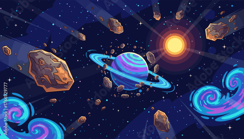 Vibrant cosmic scene featuring a ringed planet orbited by asteroids and meteorites, set against a deep space backdrop with a bright sun and swirling nebulae, evoking a sense of wonder and exploration.