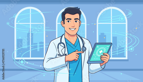 Modern male doctor in a white coat and blue scrubs, holding a digital tablet with medical icons and pointing at it, with a stethoscope around his neck, against a background of arched windows showing