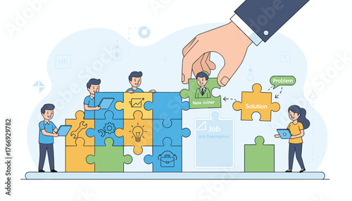 Conceptual illustration of a team building process using puzzle pieces, symbolizing the integration of a new joiner to solve a problem and complete the team, with elements like job description