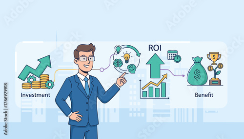Business concept illustration of Return on Investment (ROI) with a smiling businessman pointing to a diagram showing investment growth, financial gains, and ultimate benefits like a money bag