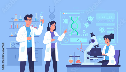 Diverse team of scientists in a modern laboratory conducting research, analyzing DNA and viruses on a futuristic holographic display, using microscopes and test tubes, representing scientific