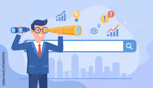 A determined businessman in a blue suit and red tie peers through a golden telescope, symbolizing search and discovery, with a cityscape and various business icons like graphs, a lightbulb, and a