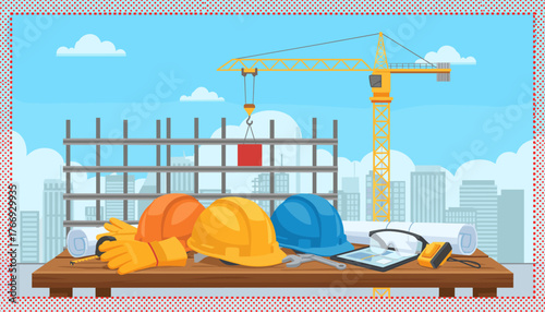 Vibrant illustration of construction site essentials, including colorful safety helmets, work gloves, blueprints, safety glasses, and a tablet, set against a backdrop of a building under construction