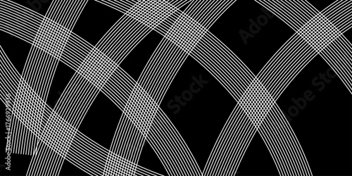 Abstract white geometric pattern of intersecting lines. Square line blend halftone. Design geometric element. Black background with pixelated horizontal lines of different sizes. black screen.