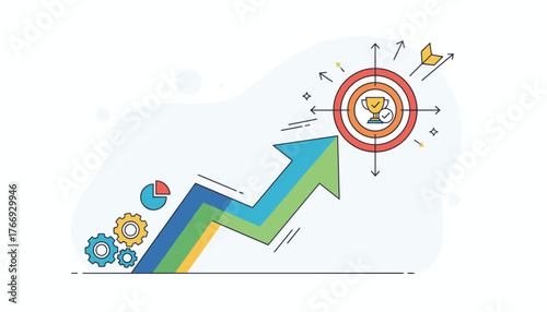 Modern flat illustration of a business objective target with a trophy and arrow, symbolizing success and achievement, with a rising arrow graph and gears indicating progress and growth, perfect for