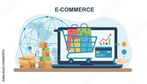 Vibrant E-commerce concept illustration featuring a laptop displaying a shopping cart overflowing with colorful bags, a credit card, and a growth chart, symbolizing online shopping and global