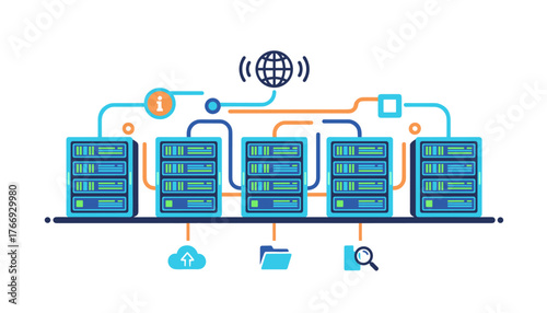 Modern flat design illustration of a server room, representing network infrastructure, data storage, telecommunication technology, and cloud computing concepts with interconnected servers, global