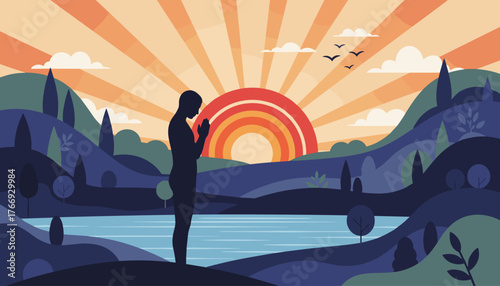 Silhouette of a person standing in reverence with hands clasped, facing a vibrant sunrise over a serene landscape with rolling hills, a calm lake, and scattered trees, evoking a sense of peace and