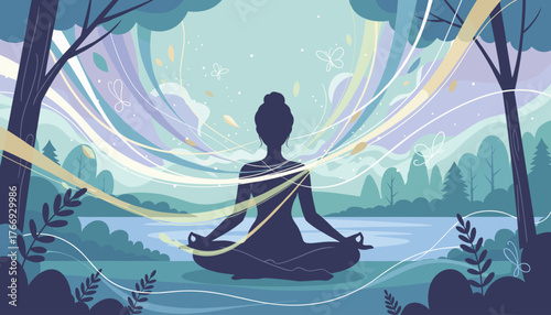 Serene silhouette of a woman meditating in a tranquil natural landscape, surrounded by flowing colorful energy streams, butterflies, and soft foliage, evoking peace, mindfulness, and spiritual