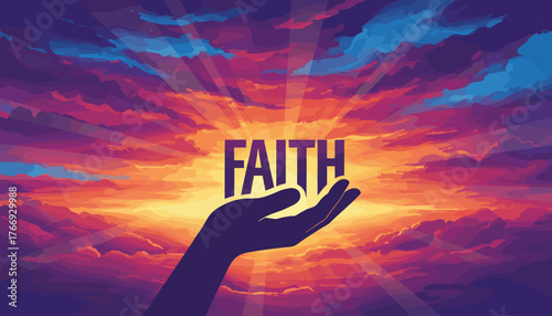 Silhouette of a hand holding the word FAITH against a vibrant, dramatic sunset sky with sun rays bursting through colorful clouds, symbolizing hope, belief, and spiritual connection.