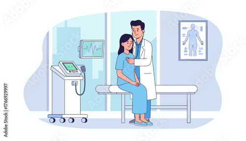 Skilled physician wearing a white coat uses a stethoscope to examine a young female patient sitting on an examination table in a modern clinic, with medical equipment and anatomical chart visible in