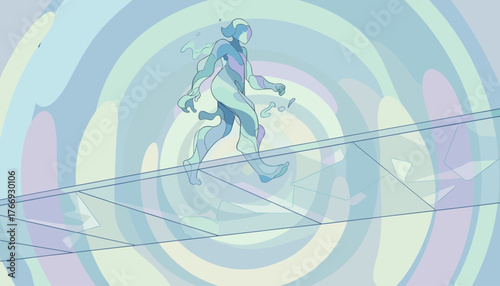 Abstract, ethereal figure composed of flowing, translucent blue and purple segments walks across a transparent glass walkway, with a soft, blurred background of concentric pastel-colored rings