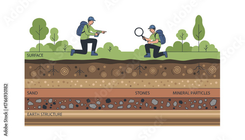 Vector geological illustration depicting the cross-section of the Earth's structure with distinct layers including surface, sand, stones, and mineral particles, alongside scientists examining the