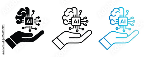 Creative icon of a hand supporting an AI processor chip, Empowering artificial intelligence with a helping hand, illustrating machine learning and future technology