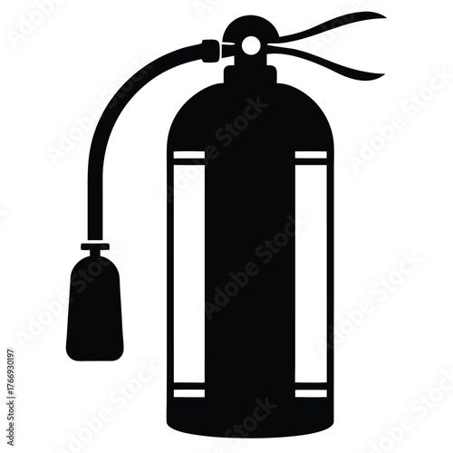 Black fire extinguisher has white vertical stripes with a hose attached to the nozzle